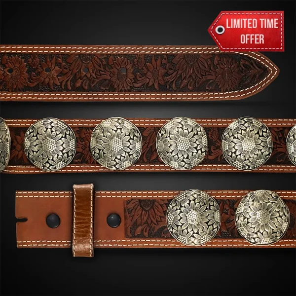 The Silver Birch Concho Leather Belt is made using 16 conchos of your choice, crafted with double-lined top-grain leather for durability and lasting quality.